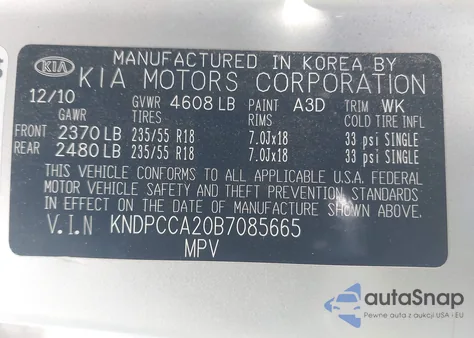 2011 Kia Sportage Ex из США, поврежденный, VIN KNDPCCA20B7085665